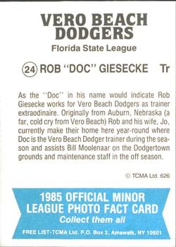 1985 TCMA Vero Beach Dodgers #24 Rob Giesecke Back