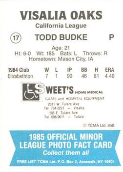 1985 TCMA Visalia Oaks #17 Todd Budke Back