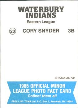 1985 TCMA Waterbury Indians #23 Cory Snyder Back