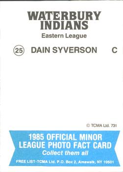 1985 TCMA Waterbury Indians #25 Dain Syverson Back