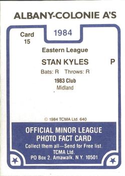 1984 TCMA Albany-Colonie A's #15 Stan Kyles Back