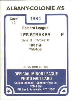 1984 TCMA Albany-Colonie A's #19 Les Straker Back