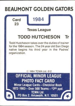 1984 TCMA Beaumont Golden Gators #23 Todd Hutcheson Back
