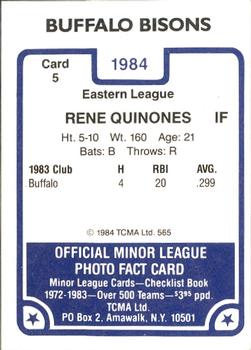 1984 TCMA Buffalo Bisons #5 Rene Quinones Back