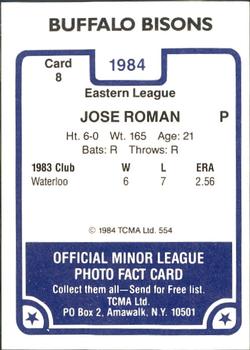 1984 TCMA Buffalo Bisons #8 Jose Roman Back