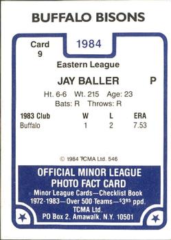 1984 TCMA Buffalo Bisons #9 Jay Baller Back