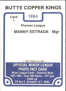 1984 TCMA Butte Copper Kings #1 Manny Estrada Back