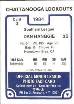1984 TCMA Chattanooga Lookouts #3 Dan Hanggie Back