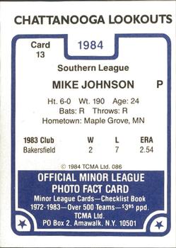 1984 TCMA Chattanooga Lookouts #13 Mike Johnson Back