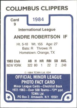 1984 TCMA Columbus Clippers #9 Andre Robertson Back