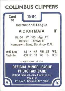 1984 TCMA Columbus Clippers #10 Victor Mata Back