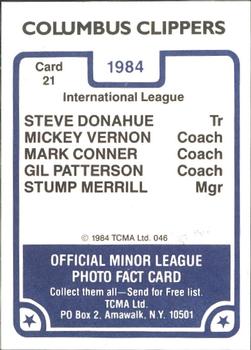 1984 TCMA Columbus Clippers #21 Steve Donahue / Mickey Vernon / Mark Connor / Gil Patterson / Stump Merrill Back