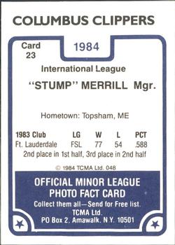 1984 TCMA Columbus Clippers #23 Stump Merrill Back