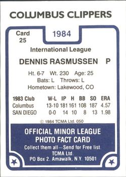 1984 TCMA Columbus Clippers #25 Dennis Rasmussen Back
