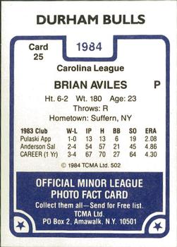 1984 TCMA Durham Bulls #25 Brian Aviles Back