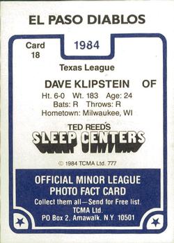 1984 TCMA El Paso Diablos #18 Dave Klipstein Back