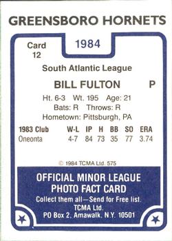 1984 TCMA Greensboro Hornets #12 Bill Fulton Back