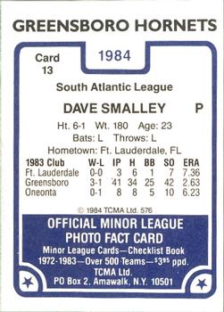 1984 TCMA Greensboro Hornets #13 Dave Smalley Back