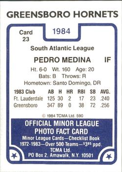 1984 TCMA Greensboro Hornets #23 Pedro Medina Back