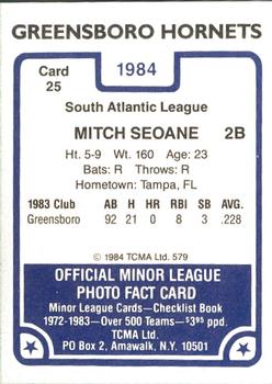 1984 TCMA Greensboro Hornets #25 Mitch Seoane Back
