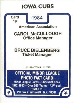 1984 TCMA Iowa Cubs #19 Carol McCullough / Bruce Bielenberg Back