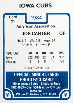 1984 TCMA Iowa Cubs #25 Joe Carter Back
