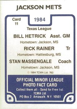 1984 TCMA Jackson Mets #11 Bill Hetrick / Rick Rainer / Stan Massengale Back