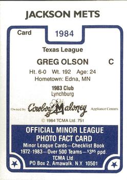 1984 TCMA Jackson Mets #NNO Greg Olson Back