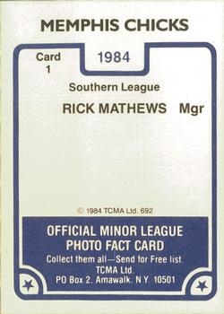 1984 TCMA Memphis Chicks #1 Rick Mathews Back