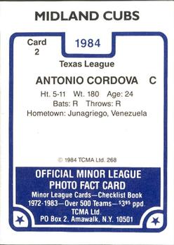 1984 TCMA Midland Cubs #2 Antonio Cordova Back