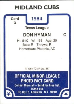1984 TCMA Midland Cubs #3 Don Hyman Back