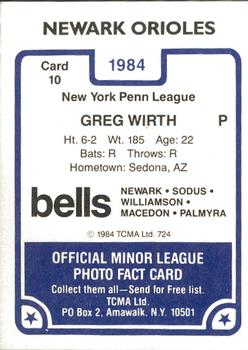 1984 TCMA Newark Orioles #10 Greg Wirth Back