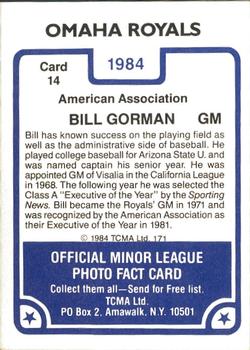 1984 TCMA Omaha Royals #14 Bill Gorman Back