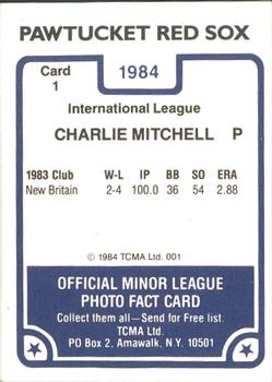 1984 TCMA Pawtucket Red Sox #1 Charlie Mitchell Back