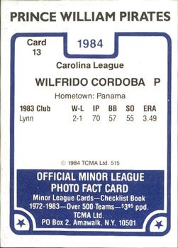 1984 TCMA Prince William Pirates #13 Wilfrido Cordoba Back