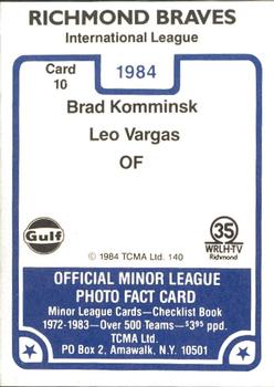1984 TCMA Richmond Braves #10 Brad Komminsk / Leo Vargas Back