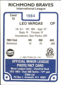 1984 TCMA Richmond Braves #12 Leo Vargas Back