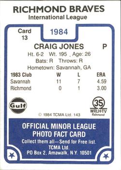 1984 TCMA Richmond Braves #13 Craig Jones Back