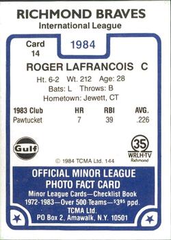 1984 TCMA Richmond Braves #14 Roger LaFrancois Back