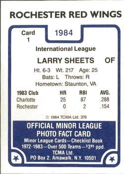 1984 TCMA Rochester Red Wings #1 Larry Sheets Back