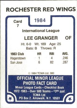 1984 TCMA Rochester Red Wings #7 Lee Granger Back
