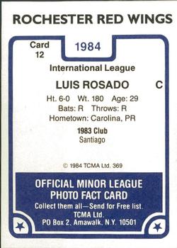 1984 TCMA Rochester Red Wings #12 Luis Rosado Back