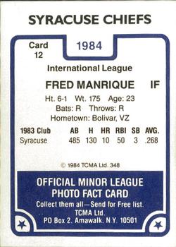 1984 TCMA Syracuse Chiefs #12 Fred Manrique Back
