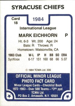 1984 TCMA Syracuse Chiefs #18 Mark Eichhorn Back