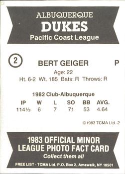 1983 TCMA Albuquerque Dukes #2 Bert Geiger Back