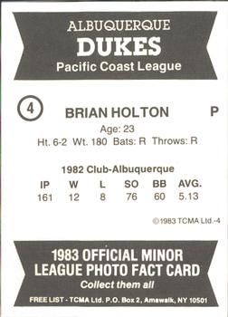 1983 TCMA Albuquerque Dukes #4 Brian Holton Back