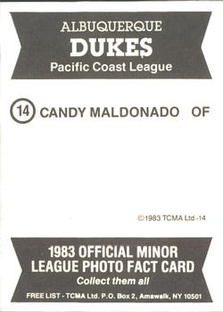 1983 TCMA Albuquerque Dukes #14 Candy Maldonado Back