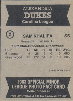 1983 TCMA Alexandria Dukes #2 Sam Khalifa Back
