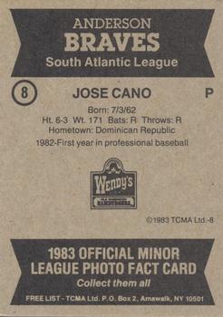 1983 TCMA Anderson Braves #8 Jose Cano Back