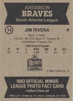 1983 TCMA Anderson Braves #14 Jim Rivera Back